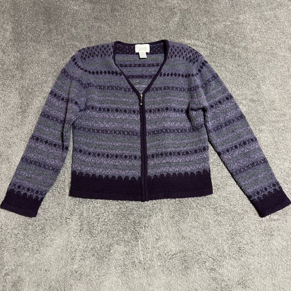 Christopher & Banks Purple & Green Striped Geometric Zip Up Sweater Size Medium
